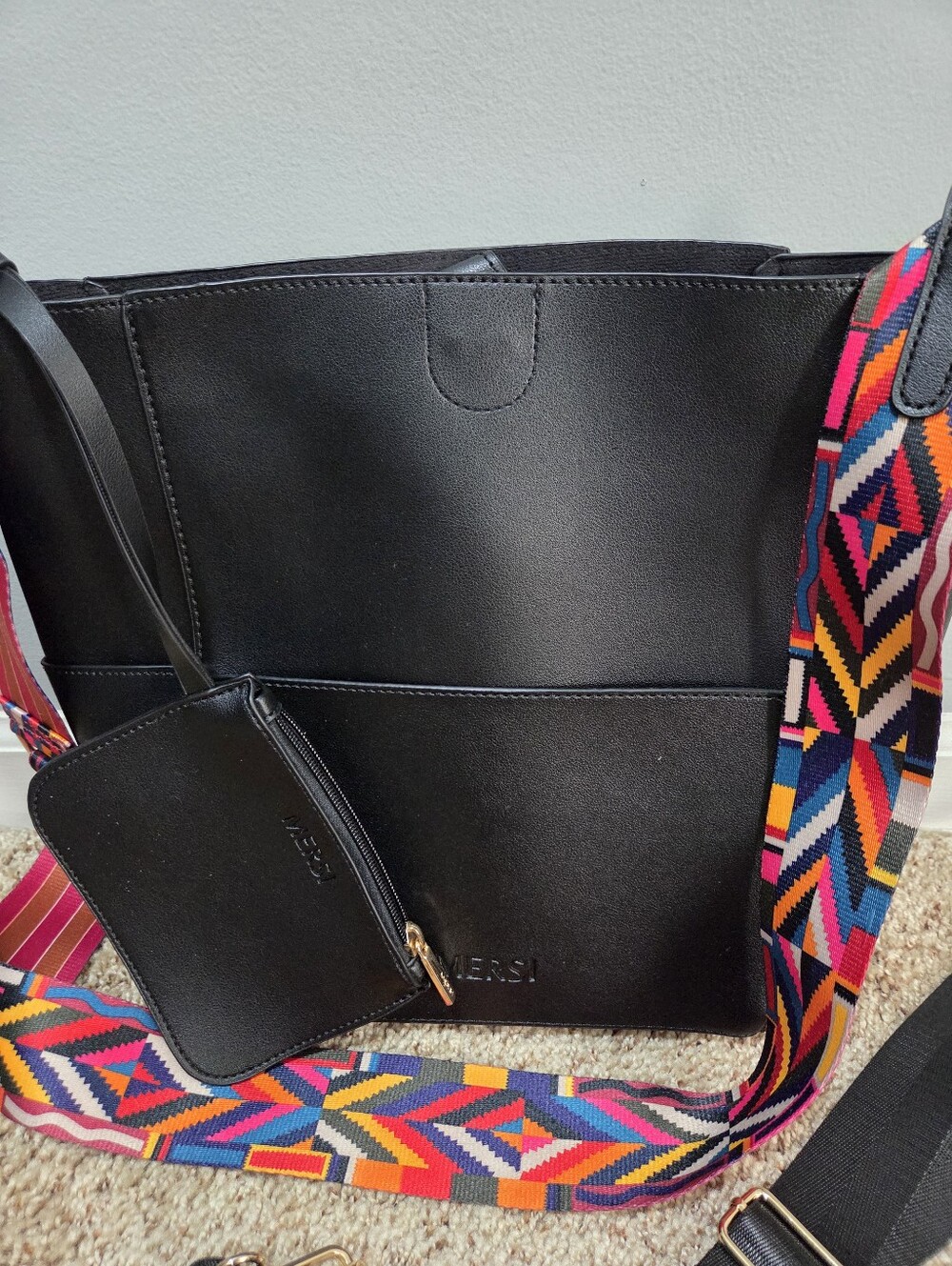 Black Women's Tote with Colorful Geometric Strap -